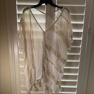 Surf Gypsy Cream and Gold Striped Kaftan Style V-Neck Swimsuit Cover Up